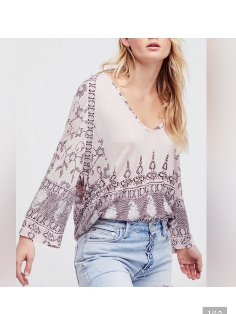 Free People Medallion Linen Blend Long Sleeve Top